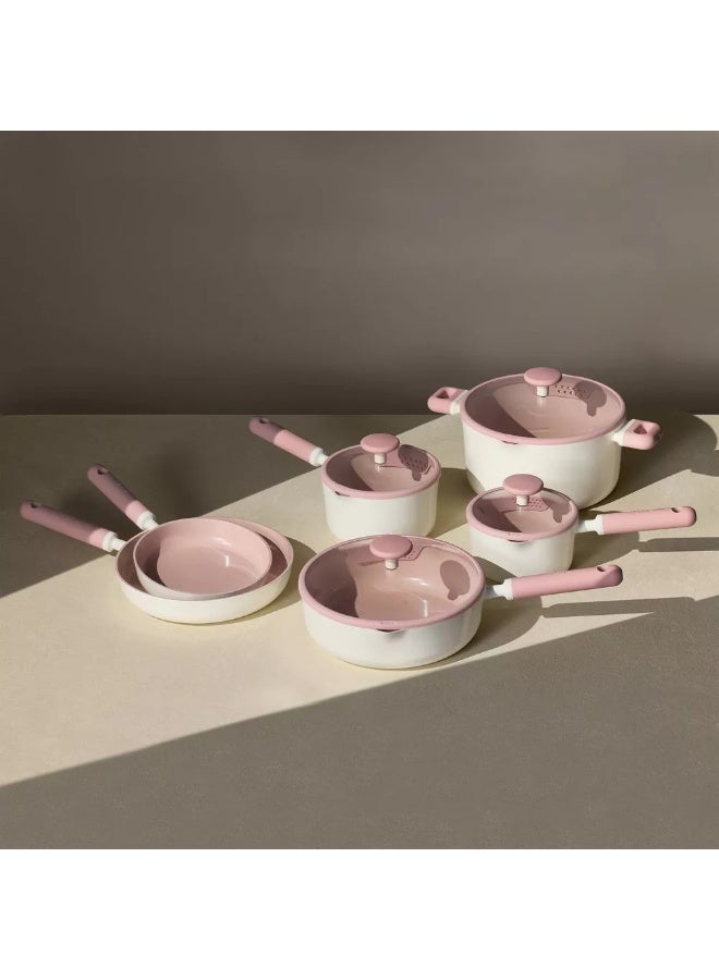 كاروت طقم أواني كاروت 21 قطعة سيراميك غير لاصق لطهي صحي خالٍ من PFAS، بأغطية سيليكون بمصفاة مزدوجة وقاعدة توزيع حرارة متساوٍ، متوافق مع جميع المواقد وآمن لغسالة الصحون (وردي) - Image 5